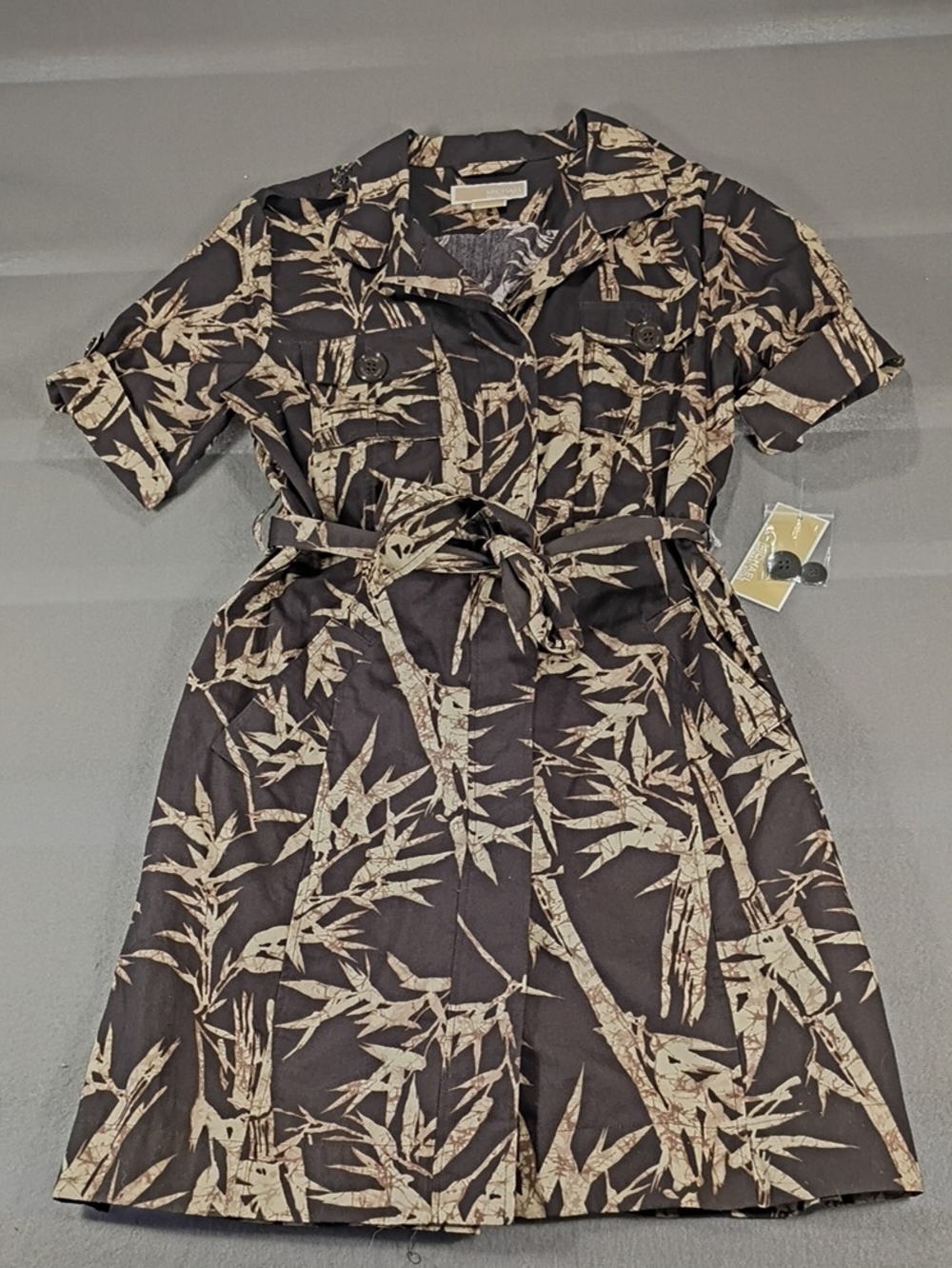 NWT Michael Kors Black Mini Shirt Dress with Tan Bamboo Print Cotton Size Large